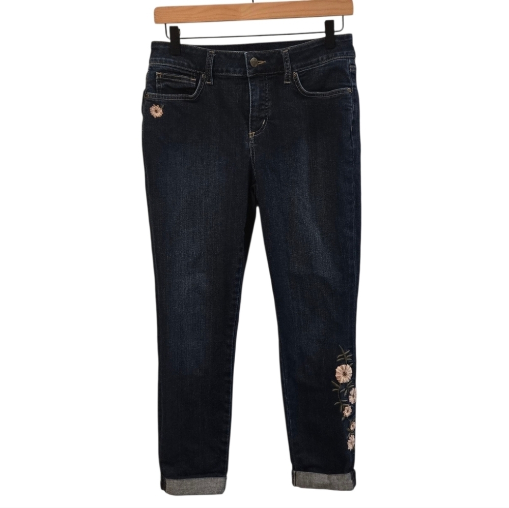 NYDJ Alina Ankle Floral Embroidered Mid Rise Cuffed Jeans Size 4